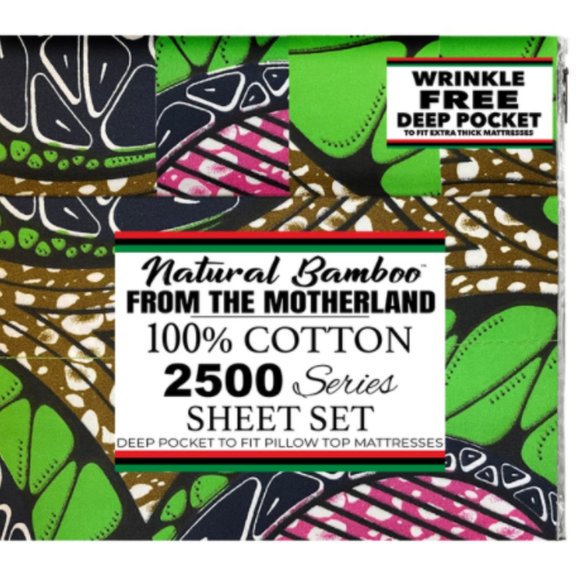 King Natural Bamboo Six Piece Sheet  MotherLand Set  Green Black Pink - Picture 1 of 1